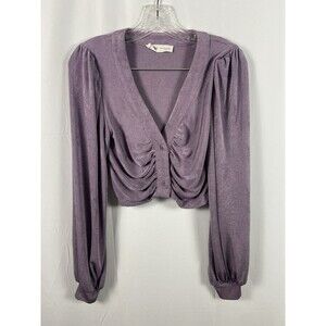 Women’s Retro Cropped Button Down Long Balloon Sleeve Top Blouse Sz Med